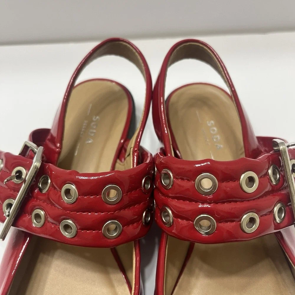 Steve Madden  Graya Flats Red Patent Chunky Buckles Silver Grommets Pointed